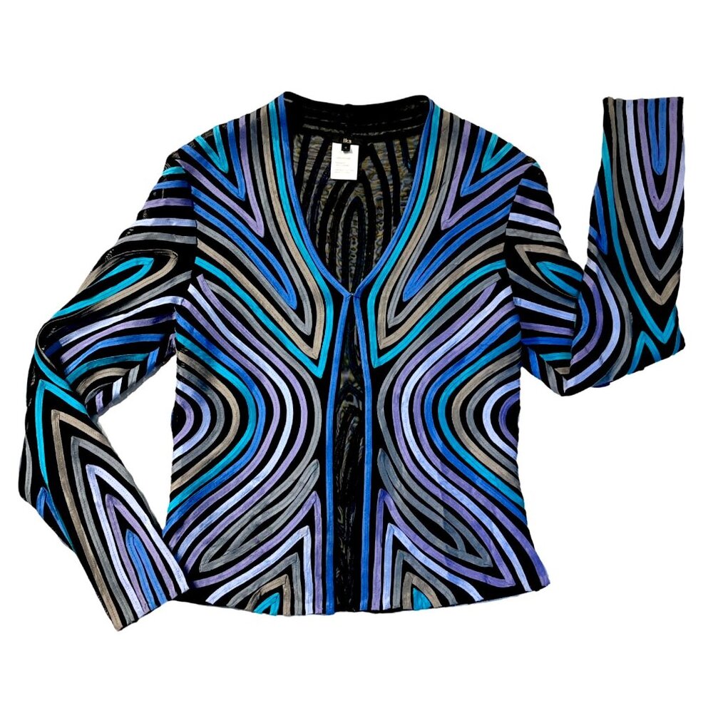 IKA Black Purple Blue Gray Tape Meshed Elegant Long Sleeve Clasped Top Size 8